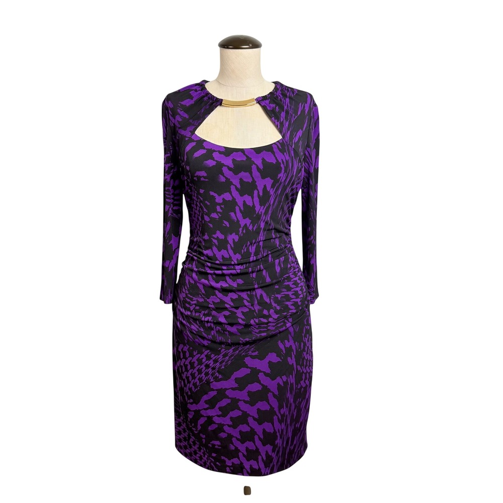 Cache Purple Black Abstract Animal Print Cutout Ruched Y2K Sheath Dress Size 8